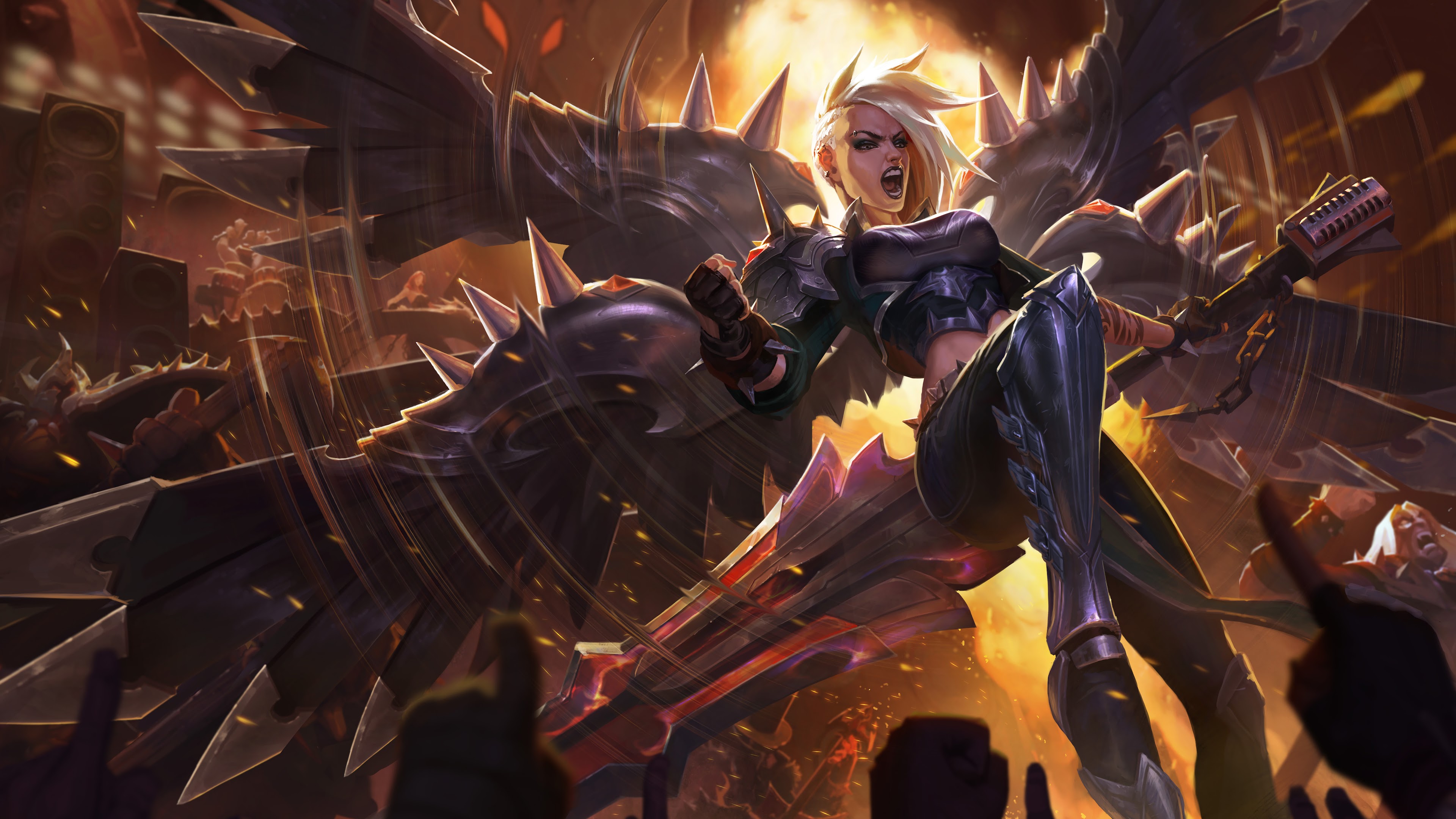 A breathtaking 4K wallpaper showcasing the powerful Pentakill Kayle skin in League of Legends. Kayle, the righteous angel, is depicted in her Pentakill attire, radiating an aura of rock and metal.