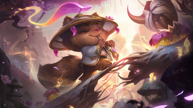 A stunning 4K desktop wallpaper featuring the Spirit Blossom Teemo Prestige skin from League of Legends.