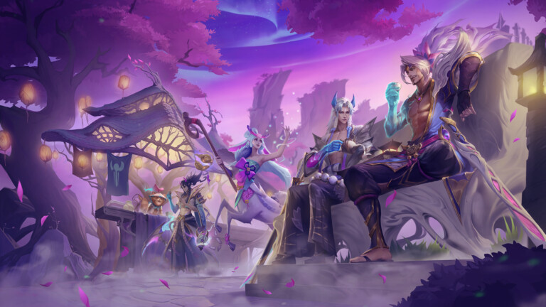 A stunning 4K desktop wallpaper featuring Spirit Blossom skins for Yasuo, Yone, Lillia, Thresh, and Teemo from the popular mobile game League of Legends Wild Rift.