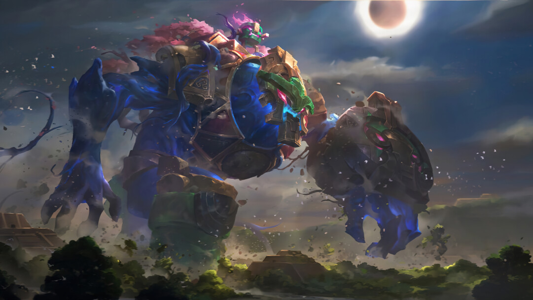 A stunning 4K desktop wallpaper featuring the Worldbreaker Maokai skin in League of Legends Runeterra.