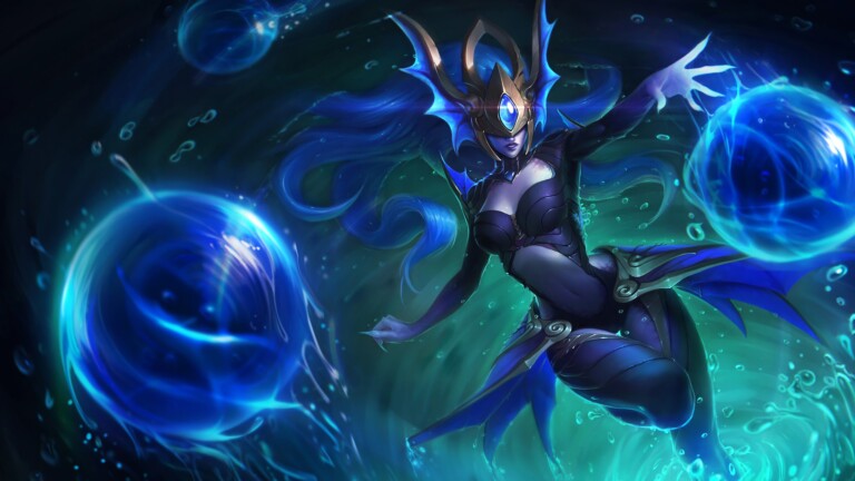 A mesmerizing 4K wallpaper showcasing the Atlantean Syndra skin from League of Legends. Syndra, the powerful mage, is depicted in her aquatic-themed skin, surrounded by swirling water and arcane energy.