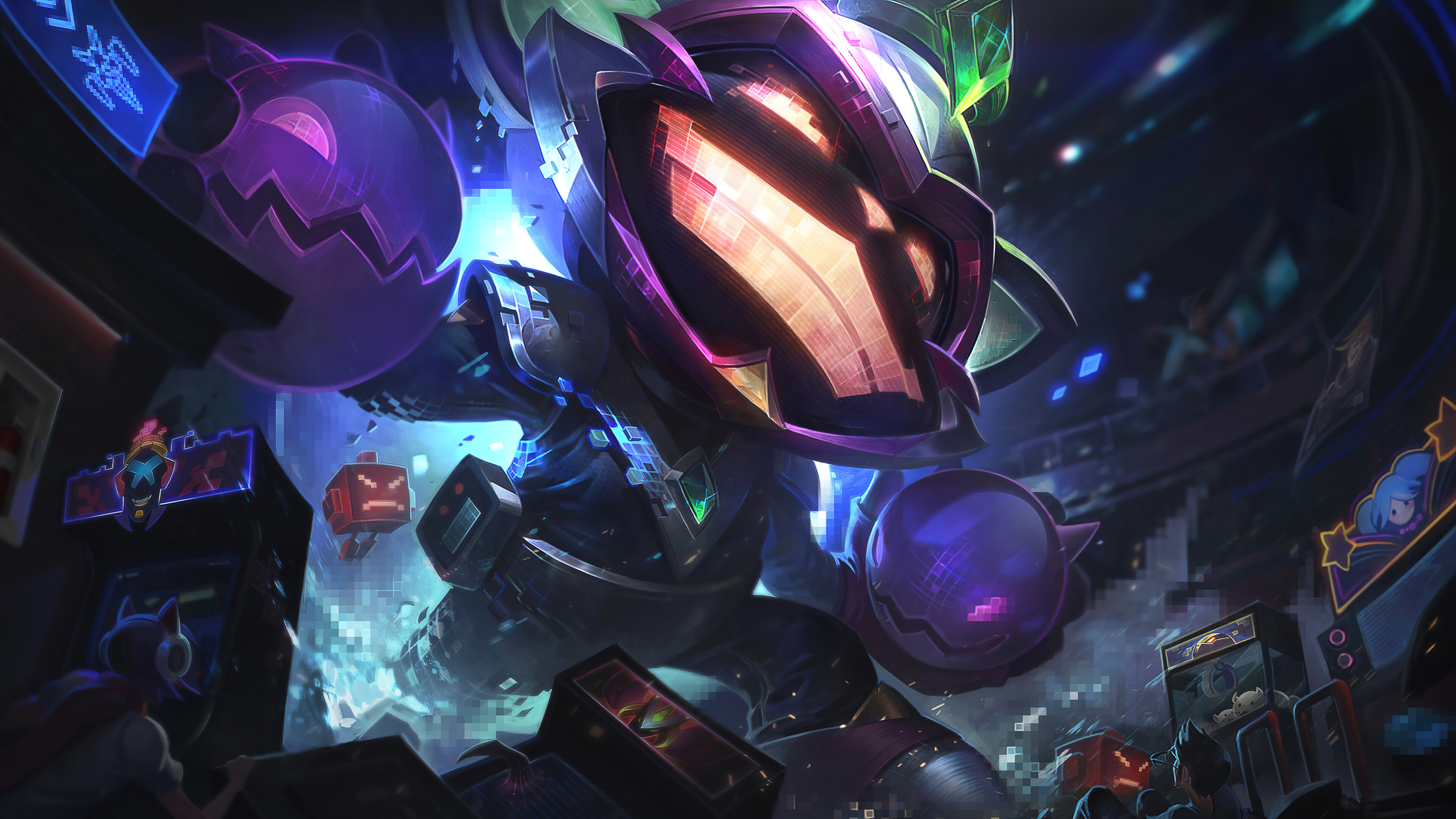 A visually stunning 4K wallpaper showcasing the Battle Boss Ziggs skin from League of Legends: Wild Rift. Ziggs, the explosive yordle, takes on his new Battle Boss persona with vibrant colors and dynamic effects.