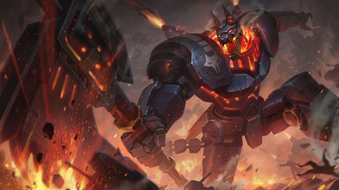 A stunning 4K wallpaper featuring the Battlecast Nasus skin from League of Legends. Nasus, the Curator of the Sands, is depicted in his powerful Battlecast form, emanating a menacing presence on the battlefield.