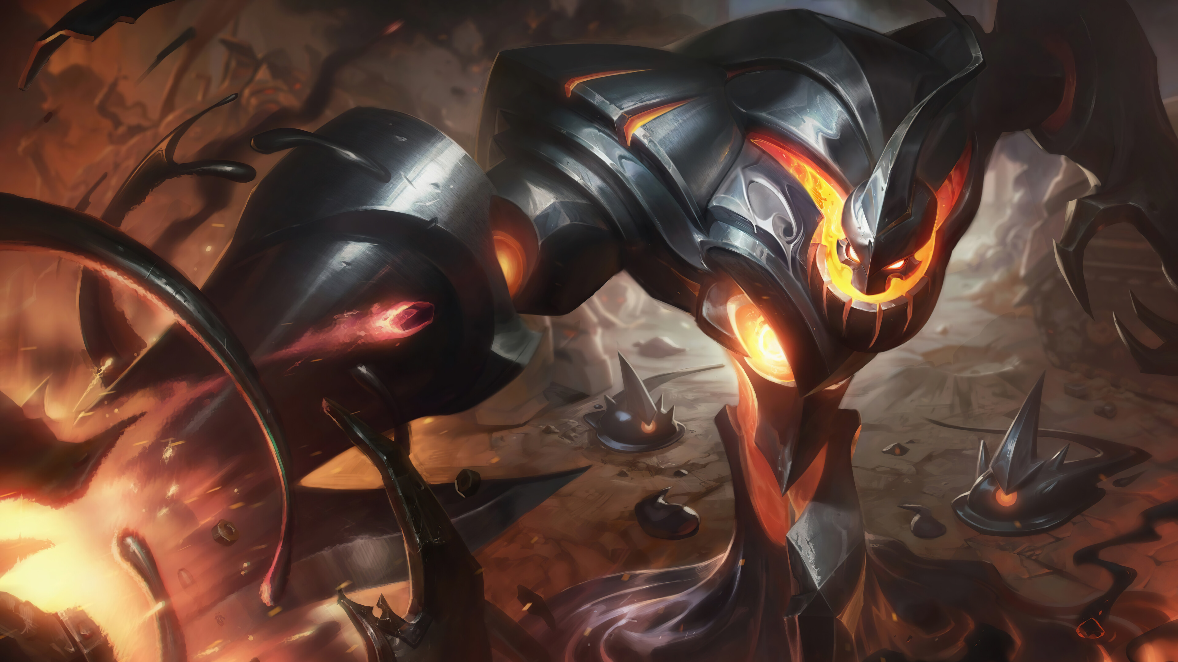 A stunning 4K wallpaper featuring the Battlecast Zac skin from League of Legends. Zac, the Blob Champion, is depicted in his menacing Battlecast form, with metallic armor and glowing red eyes, ready for battle.