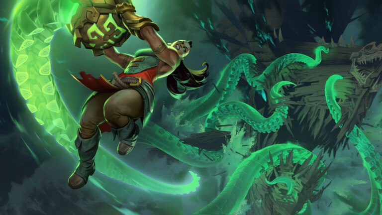 A captivating 4k wallpaper featuring the Bilgewater Illaoi skin from Legends of Runeterra.