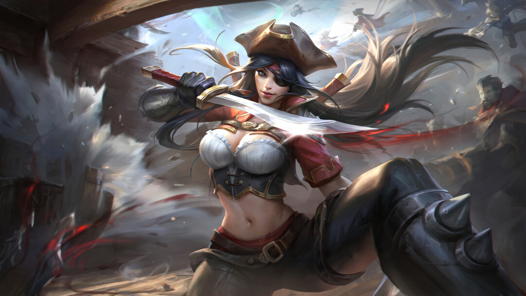 "A stunning 4k wallpaper featuring Bilgewater Katarina, a popular skin from the game League of Legends. This visually captivating wallpaper showcases Katarina, the fierce assassin, in a dynamic pose, perfectly capturing the essence of the gaming world.