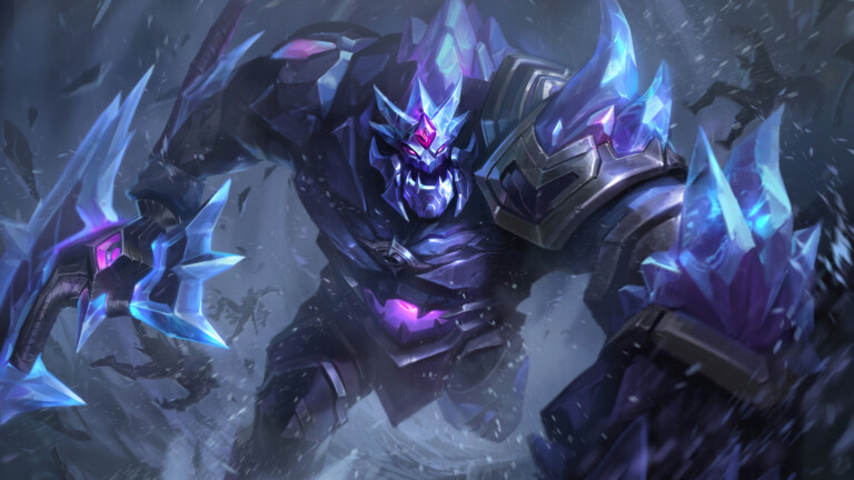 A stunning 4K wallpaper featuring the Blackfrost Sion skin from League of Legends. Sion, the Undead Juggernaut, is depicted in his icy Blackfrost form, emanating a menacing aura with frosty blue accents.