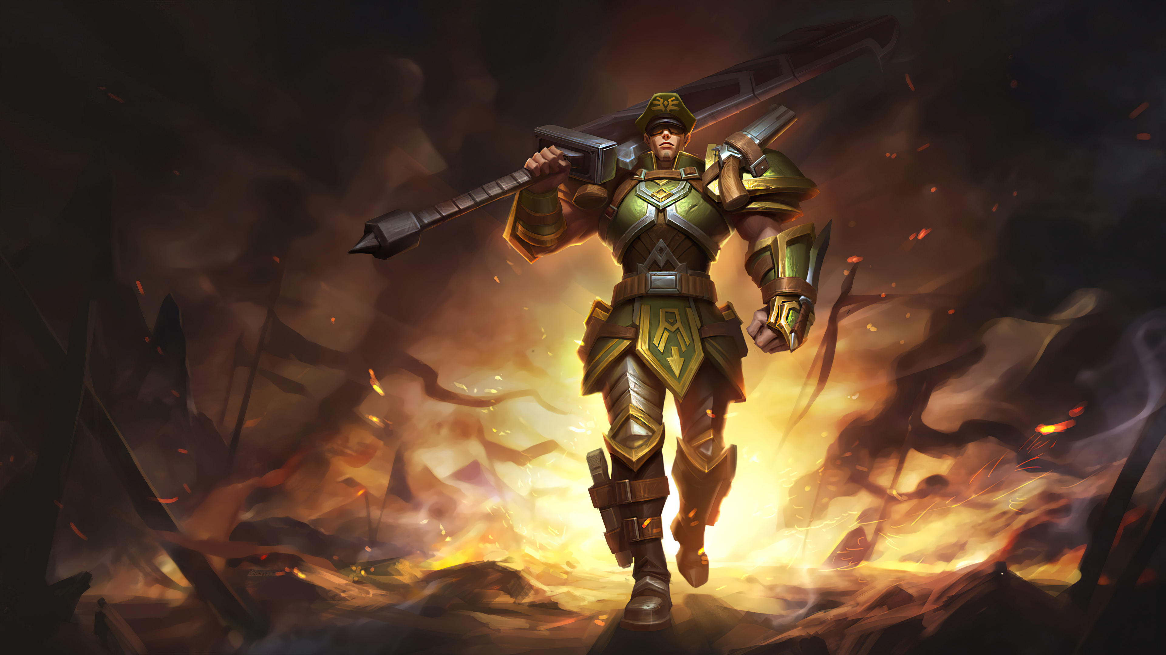 A high-resolution 4K wallpaper showcasing the Commando Jarvan IV skin from League of Legends. Jarvan IV, the Demacia's Exemplar, is depicted in his military-inspired outfit, wielding his iconic spear and ready for battle.