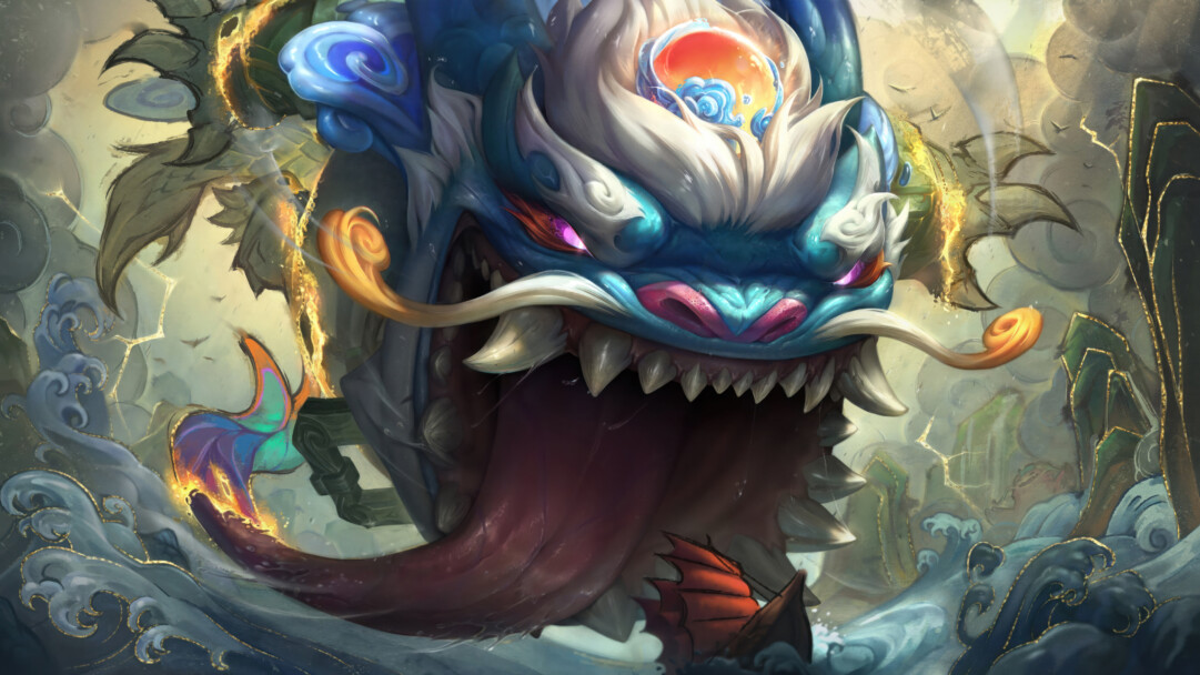 A mesmerizing 4K wallpaper featuring the Shan Hai Scrolls Tahm Kench skin from League of Legends. Tahm Kench, the River King, is adorned in the intricate Shan Hai Scrolls theme, showcasing stunning artistic details inspired by ancient legends.