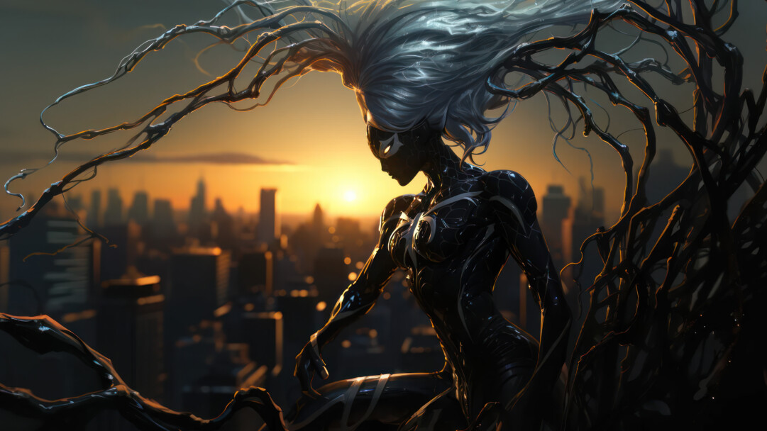 A captivating 4K wallpaper showcasing Elsa transformed into Spider-Venom, an intriguing fusion of the beloved Disney character and the Marvel superhero. This stunning wallpaper is AI-generated, blending fantasy and superhero themes into a visually striking creation.