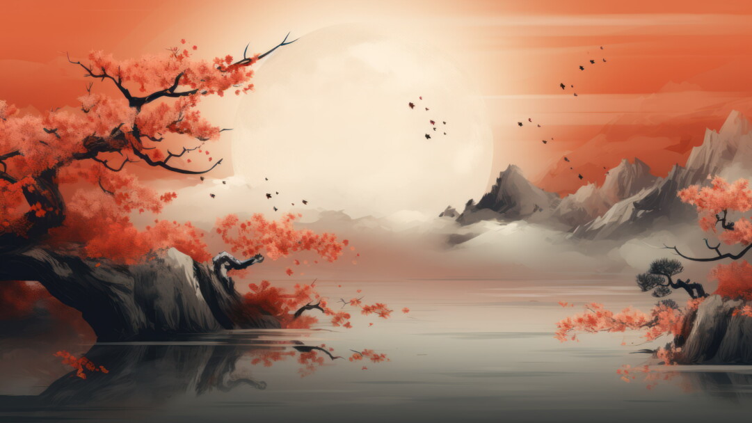 A breathtaking 4K wallpaper featuring a beautiful Japanese painting of trees and mountains in vibrant orange hues. This artwork was created using artificial intelligence, resulting in a stunning and serene landscape scene.