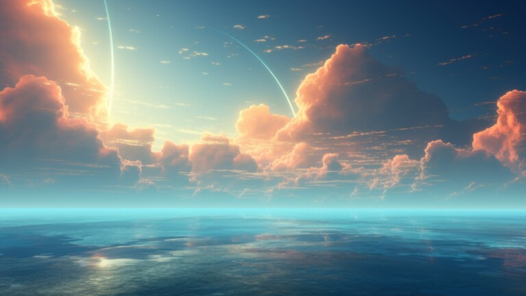 A breathtaking 4K wallpaper, crafted by AI, capturing the stunning moment where fluffy clouds gently meet the tranquil sea, creating a serene coastal view that embodies the beauty of nature and the peaceful ambiance of the landscape.