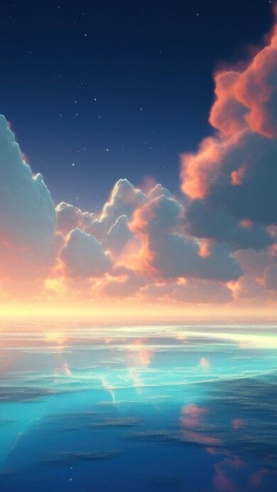 A breathtaking 4K wallpaper, crafted by AI, capturing the stunning moment where fluffy clouds gently meet the tranquil sea, creating a serene coastal view that embodies the beauty of nature and the peaceful ambiance of the landscape.