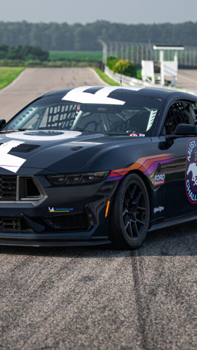 A dynamic 4K wallpaper featuring the Ford Mustang Dark Horse R, a high-performance muscle car, exuding power and elegance in its black beauty.