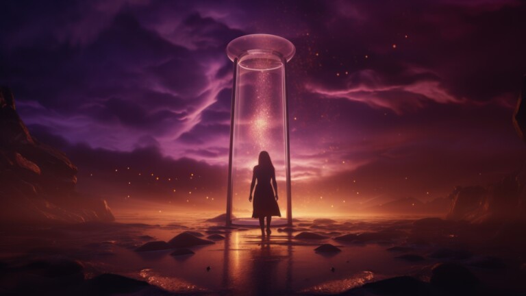 A stunning 4K wallpaper created by AI, depicting a girl walking into a futuristic capsule, forming a captivating sci-fi scene, perfect for enhancing your desktop with a touch of imaginative fantasy.