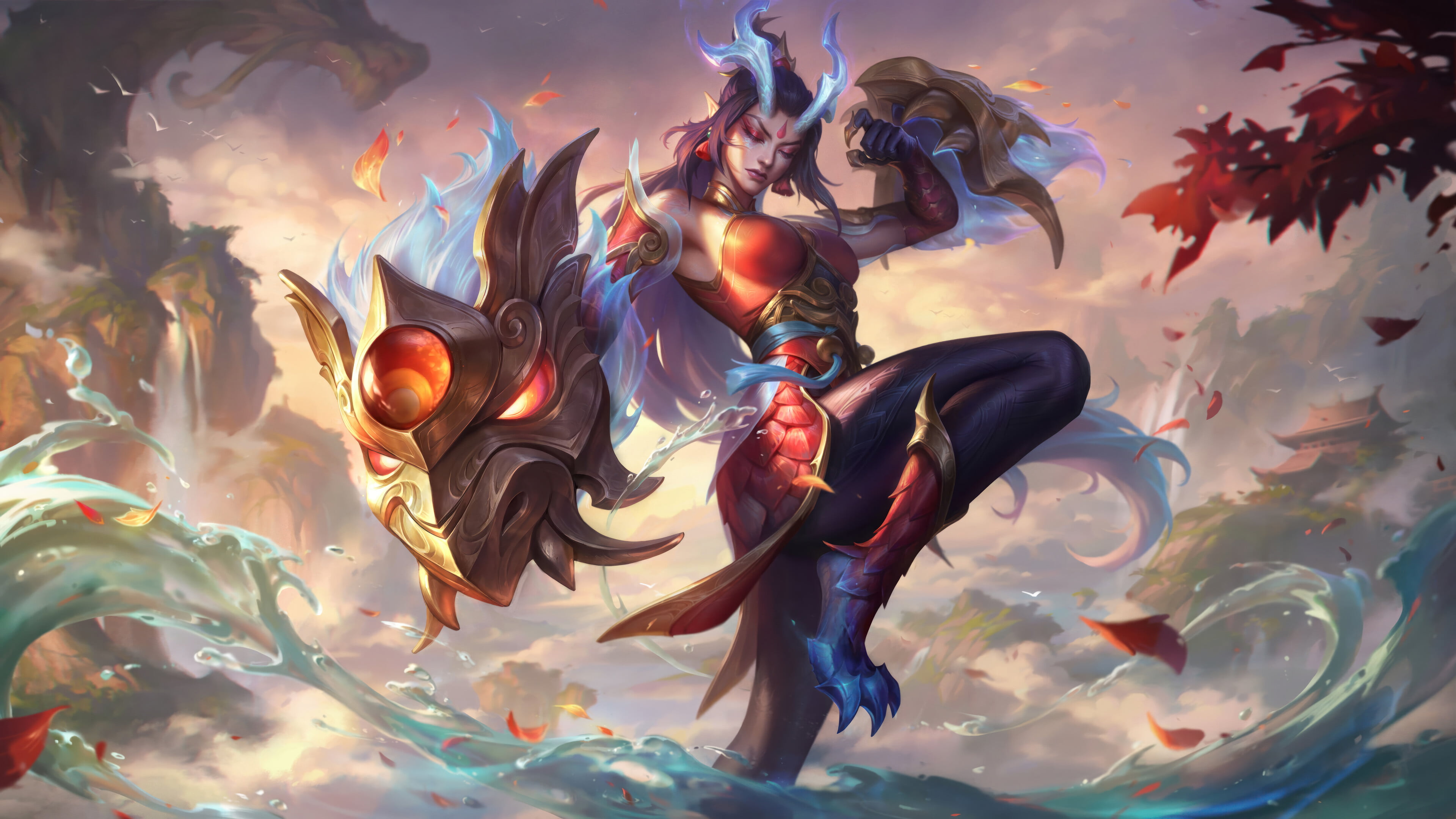 A mesmerizing 4K wallpaper showcasing the Immortal Journey Shyvana skin from League of Legends. Shyvana, the half-dragon champion, is depicted in all her glory with celestial wings and fiery aura, ready for battle.