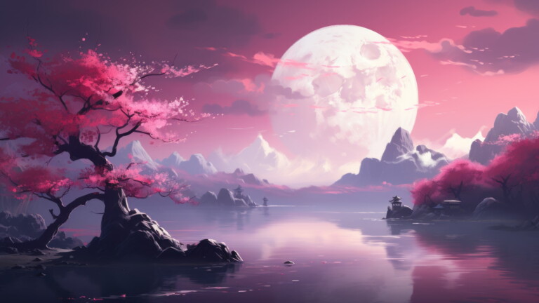A breathtaking 4K wallpaper created by AI, featuring a picturesque Japanese cherry blossom scenery with delicate pink blossoms adorning serene sakura trees, capturing the beauty of spring and providing a tranquil background for your desktop.