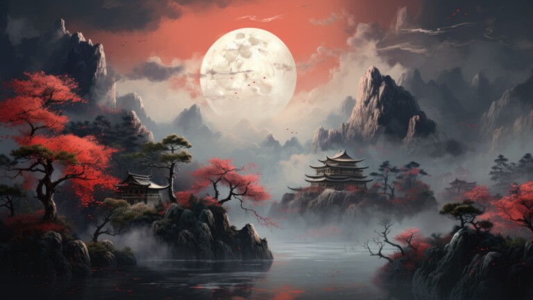 A picturesque 4K wallpaper created by AI, reminiscent of a Japanese mountain painting, capturing the serene beauty of a scenic landscape, perfect for bringing a touch of traditional art and nature to your desktop background.