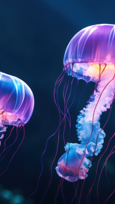 An enchanting 4K wallpaper crafted by AI, showcasing jellyfish gracefully floating in the deep sea, surrounded by the mystic allure of underwater life, an exquisite choice to enhance your desktop background.