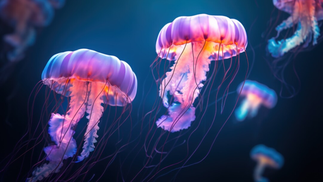 An enchanting 4K wallpaper crafted by AI, showcasing jellyfish gracefully floating in the deep sea, surrounded by the mystic allure of underwater life, an exquisite choice to enhance your desktop background.