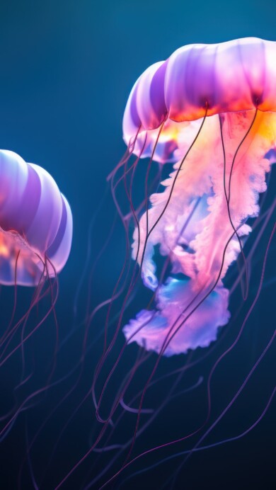 An enchanting 4K wallpaper crafted by AI, showcasing jellyfish gracefully floating in the deep sea, surrounded by the mystic allure of underwater life, an exquisite choice to enhance your desktop background.