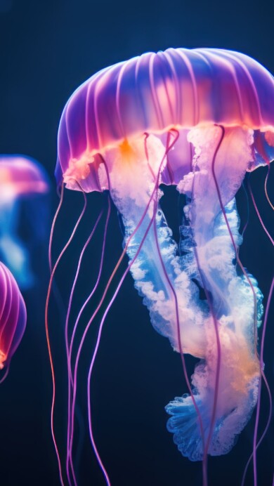 An enchanting 4K wallpaper crafted by AI, showcasing jellyfish gracefully floating in the deep sea, surrounded by the mystic allure of underwater life, an exquisite choice to enhance your desktop background.