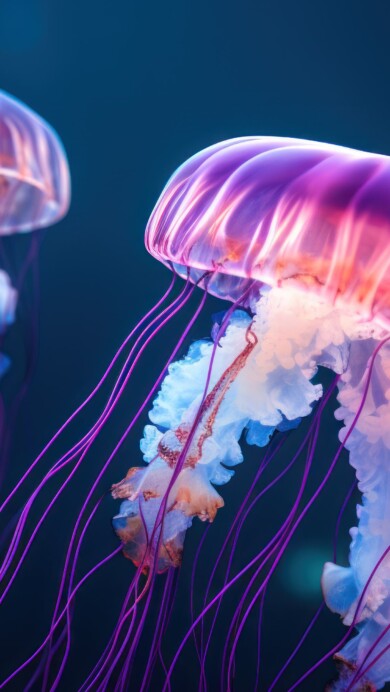 An enchanting 4K wallpaper crafted by AI, showcasing jellyfish gracefully floating in the deep sea, surrounded by the mystic allure of underwater life, an exquisite choice to enhance your desktop background.