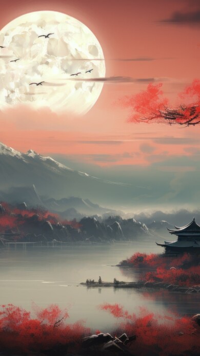 A breathtaking 4K wallpaper created by AI, featuring a captivating Japanese painting with the moon over a tranquil river, beautifully blending traditional artistry with a serene natural landscape, perfect for enhancing your desktop background.