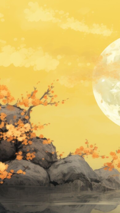 An exquisite 4K wallpaper created by AI, featuring a captivating Japanese painting in yellow tones, capturing a serene moonlit landscape, a beautiful fusion of traditional art and modern technology for your desktop background.