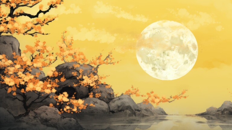 An exquisite 4K wallpaper created by AI, featuring a captivating Japanese painting in yellow tones, capturing a serene moonlit landscape, a beautiful fusion of traditional art and modern technology for your desktop background.