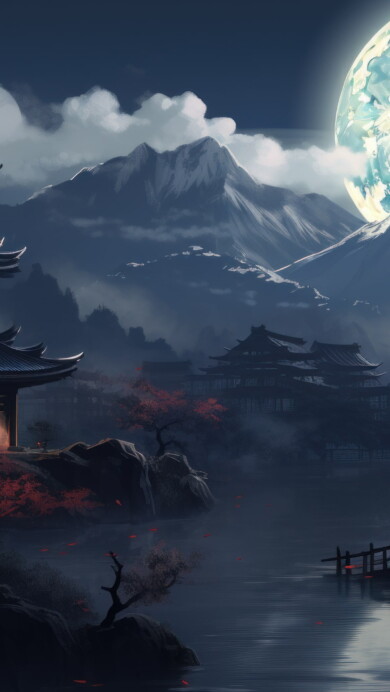 A serene 4K wallpaper created by AI, reminiscent of a beautiful Japanese painting bathed in moonlight, capturing the tranquil beauty of a nature scene in traditional art style, a perfect addition to your desktop background.