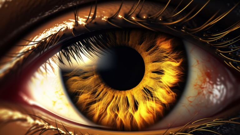 A captivating 4K wallpaper created by AI, featuring a mysterious yellow eye that exudes an enigmatic gaze, surrounded by abstract art and vibrant colors, perfect for adding intrigue to your desktop background.