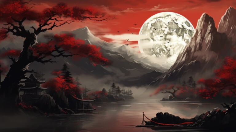 An exquisite 4K wallpaper created by AI, featuring a red Japanese mountain painting that beautifully captures the essence of traditional art and the serene beauty of Asian landscapes, perfect for enhancing your desktop background.