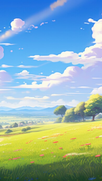 A breathtaking 4K wallpaper generated by AI, depicting a sunny field scenery with vibrant colors, capturing the beauty of a summer landscape and offering a serene and picturesque view, perfect for enhancing your desktop background.