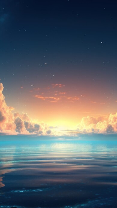 A breathtaking 4K wallpaper created by AI, capturing the serene beauty of a sunset over the sea, providing a stunning view of the ocean and the beach in the evening, perfect for enhancing your desktop background with the wonders of nature.