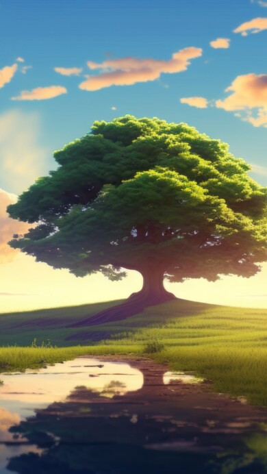 A serene 4K wallpaper generated by AI, capturing a tree illuminated by the warm glow of sunlight during the golden hour, celebrating the beauty of nature and offering a scenic landscape for your desktop background.