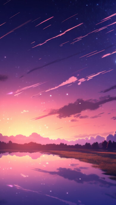 Immerse yourself in a cosmic dreamscape with this AI-generated 4K wallpaper, featuring a serene sunset, anime-inspired elements, a dazzling comet, and a starry night sky. This unique digital artwork combines celestial beauty with anime aesthetics, creating a surreal and imaginative masterpiece perfect for those seeking a captivating and creative desktop background.