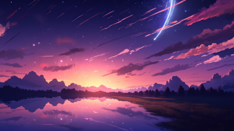Immerse yourself in a cosmic dreamscape with this AI-generated 4K wallpaper, featuring a serene sunset, anime-inspired elements, a dazzling comet, and a starry night sky. This unique digital artwork combines celestial beauty with anime aesthetics, creating a surreal and imaginative masterpiece perfect for those seeking a captivating and creative desktop background.
