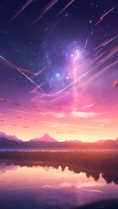 Immerse yourself in a cosmic dreamscape with this AI-generated 4K wallpaper, featuring a serene sunset, anime-inspired elements, a dazzling comet, and a starry night sky. This unique digital artwork combines celestial beauty with anime aesthetics, creating a surreal and imaginative masterpiece perfect for those seeking a captivating and creative desktop background.