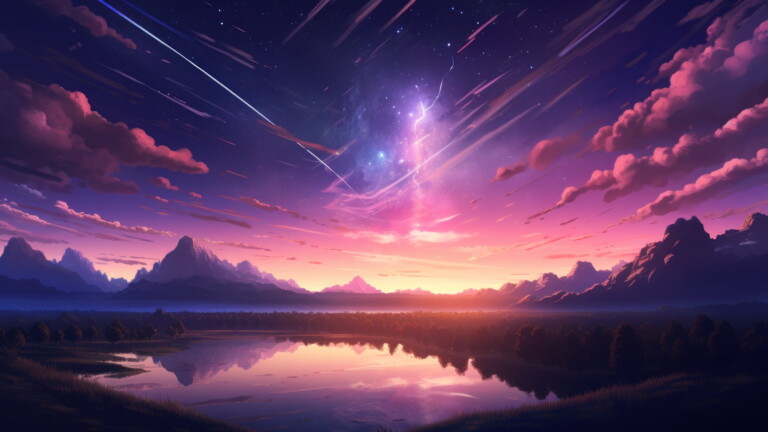 Immerse yourself in a cosmic dreamscape with this AI-generated 4K wallpaper, featuring a serene sunset, anime-inspired elements, a dazzling comet, and a starry night sky. This unique digital artwork combines celestial beauty with anime aesthetics, creating a surreal and imaginative masterpiece perfect for those seeking a captivating and creative desktop background.