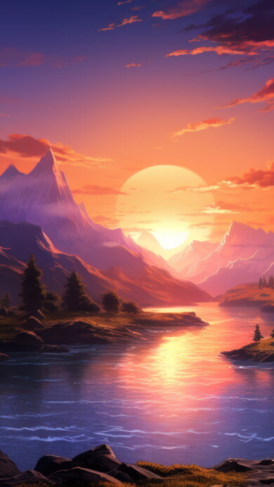 Immerse yourself in the serene beauty of a 4K sunset wallpaper where the tranquil evening sky meets the majestic mountains, creating a breathtaking scene. Ideal for those who appreciate the calming and scenic view of nature as a desktop background.