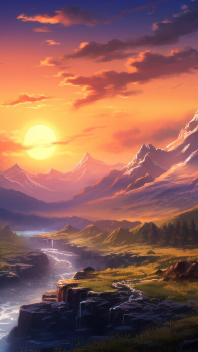 Immerse yourself in the peaceful beauty of a 4K sunset wallpaper, where the serene evening sky bathes the mountains in a warm, tranquil light. Ideal for those who appreciate the calming and scenic view of nature as a desktop background.