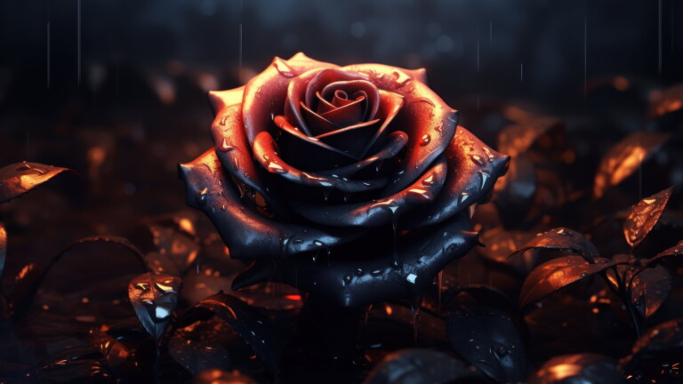 Embrace the romantic allure of a rain-kissed dark rose in exquisite 4K resolution. This captivating wallpaper showcases the deep crimson petals of a rose in full bloom, glistening with raindrops, evoking a sense of elegance and botanical charm amidst the rain. Ideal for those who appreciate the dramatic beauty of floral aesthetics as a captivating desktop background.