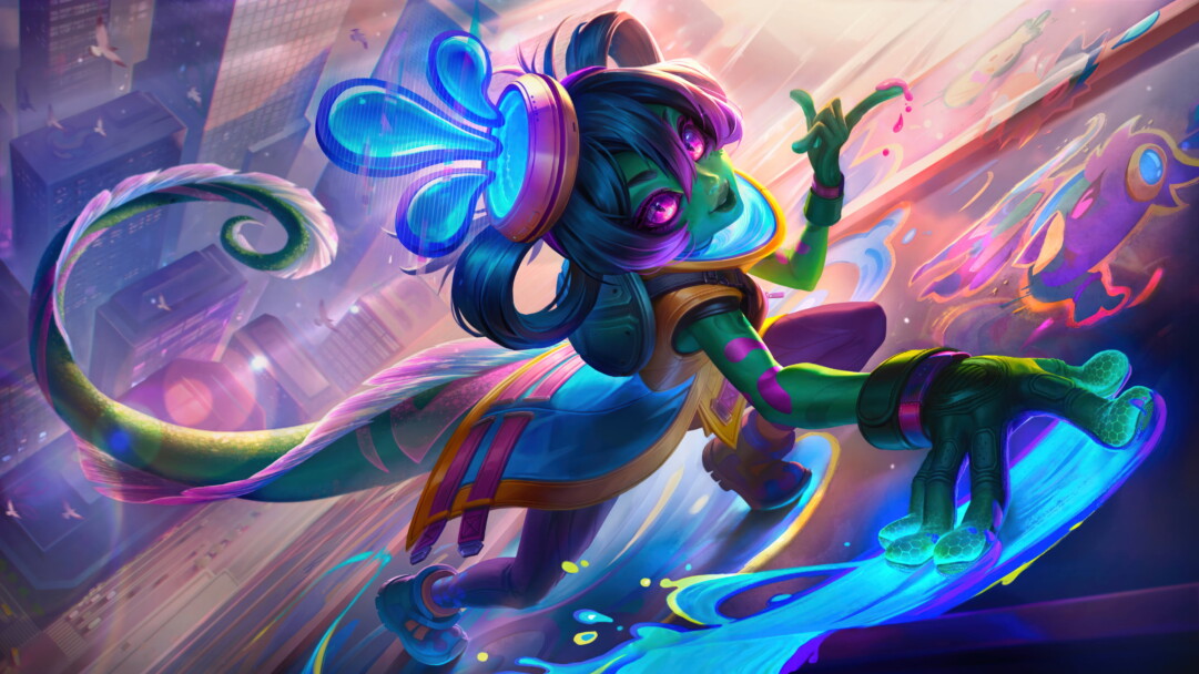 A captivating 4K wallpaper featuring the mysterious Street Demon Neeko skin, showcasing Neeko, the Curious Chameleon, in the bustling world of League of Legends.