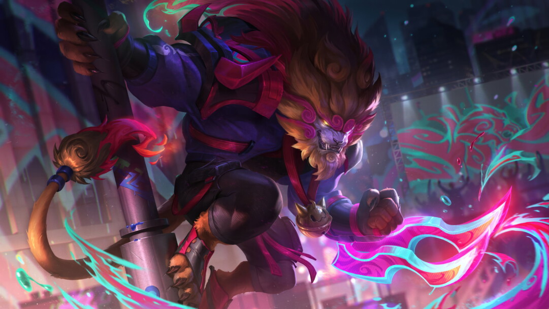 A mesmerizing 4K wallpaper featuring the fierce Street Demon Rengar skin, depicting Rengar, the Pridestalker, as he prowls the streets in the world of League of Legends.
