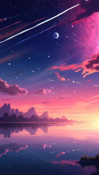 Immerse yourself in a cosmic dreamscape with this AI-generated 4K wallpaper, featuring a serene sunset, anime-inspired elements, a dazzling comet, and a starry night sky. This unique digital artwork combines celestial beauty with anime aesthetics, creating a surreal and imaginative masterpiece perfect for those seeking a captivating and creative desktop background.