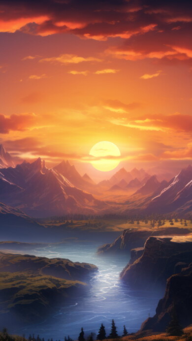 Immerse yourself in the serene beauty of a 4K sunset wallpaper, capturing the breathtaking colors of the evening sky as the day transitions into twilight, set against a majestic mountain backdrop. Ideal for those who appreciate the beauty of nature and a calming scenic view as a desktop background.