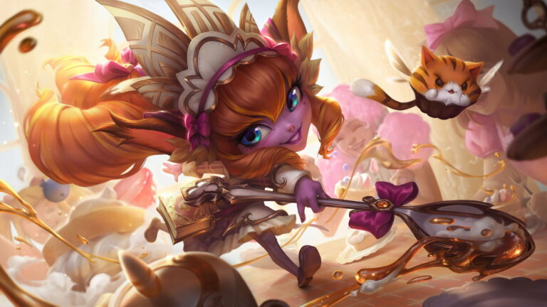 An adorable 4K wallpaper showcasing the delightful Cafe Cuties Lulu skin, featuring Lulu, the Fae Sorceress, amidst a charming cafe setting in the whimsical world of League of Legends.