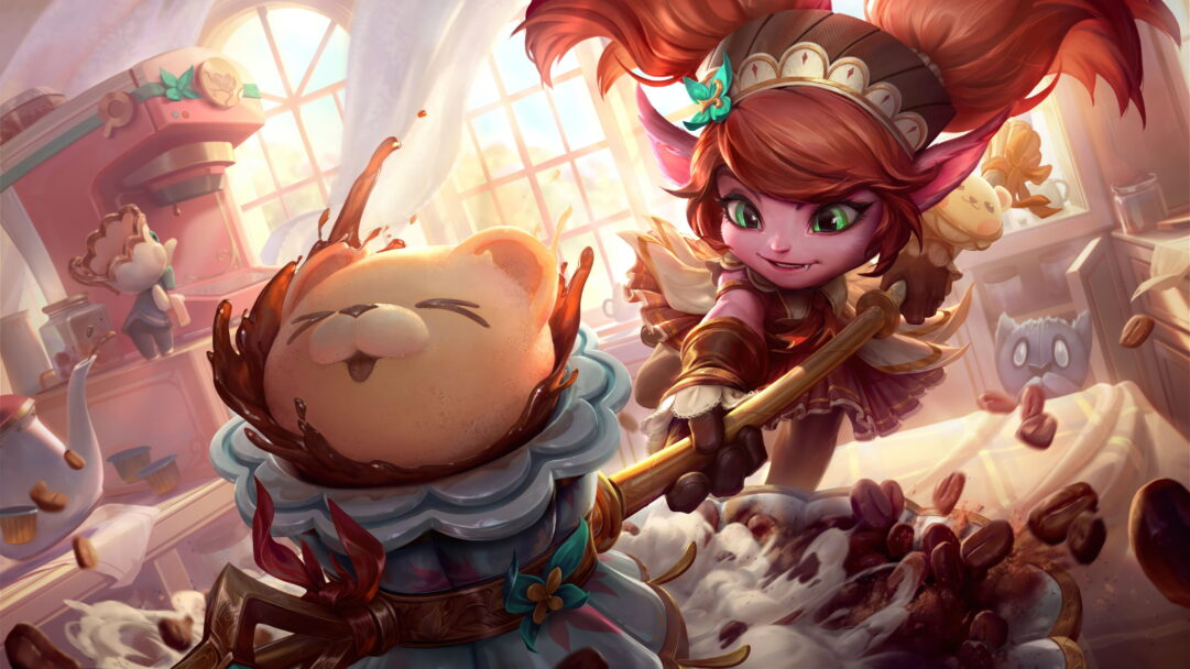 A delightful 4K wallpaper featuring the charming Cafe Cuties Poppy skin, showcasing Poppy, the Keeper of the Hammer, in an adorable cafe-themed setting within the vibrant world of League of Legends.