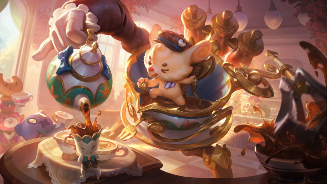 A delightful 4K wallpaper showcasing the charming Cafe Cuties Rumble skin, with Rumble, the Mechanized Menace, enjoying a warm cup of coffee amidst the cozy ambiance of League of Legends.